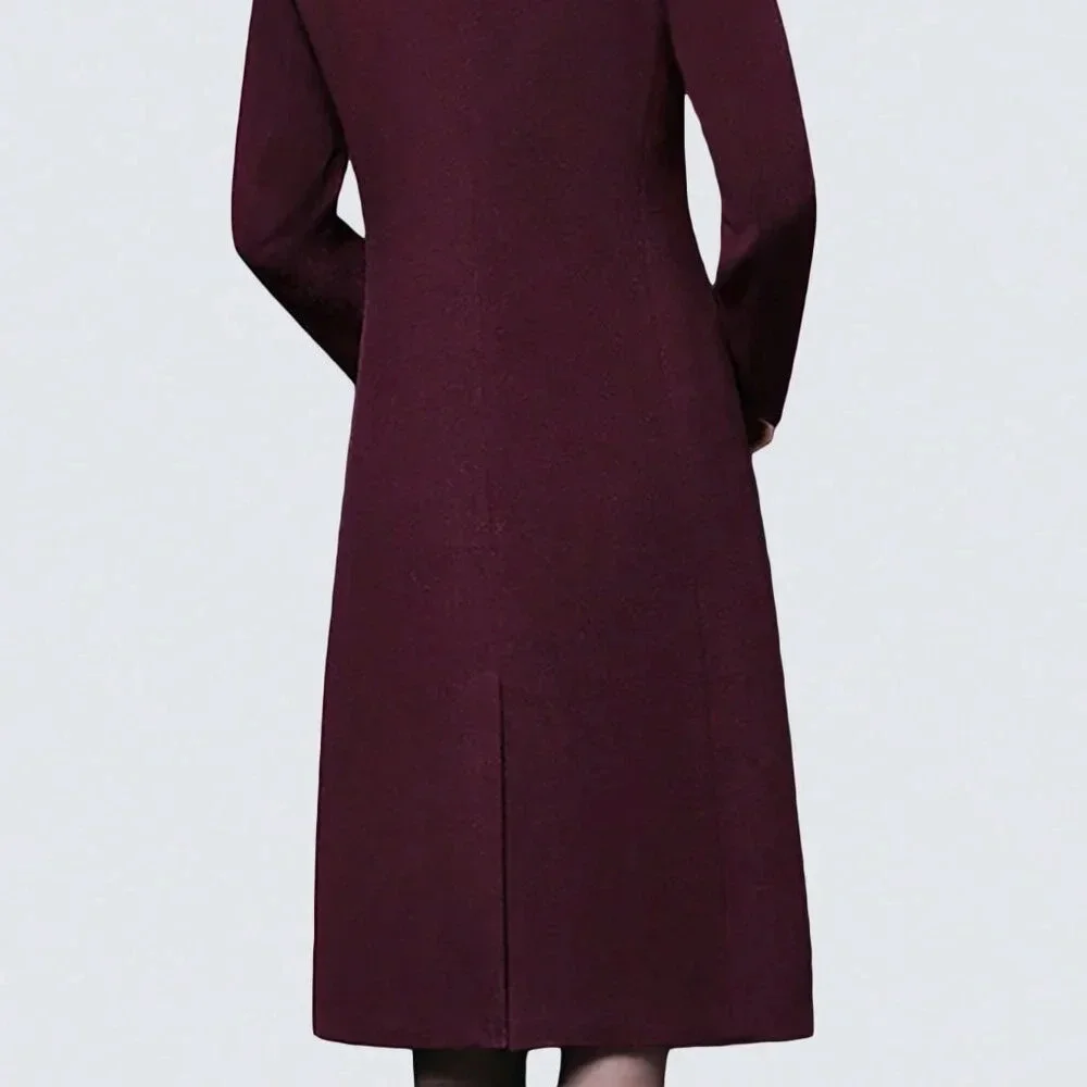 Purple Casual Women's Stylish Double-Breasted Notched Lapel Midi Pea Coat - Picture 2 of 6